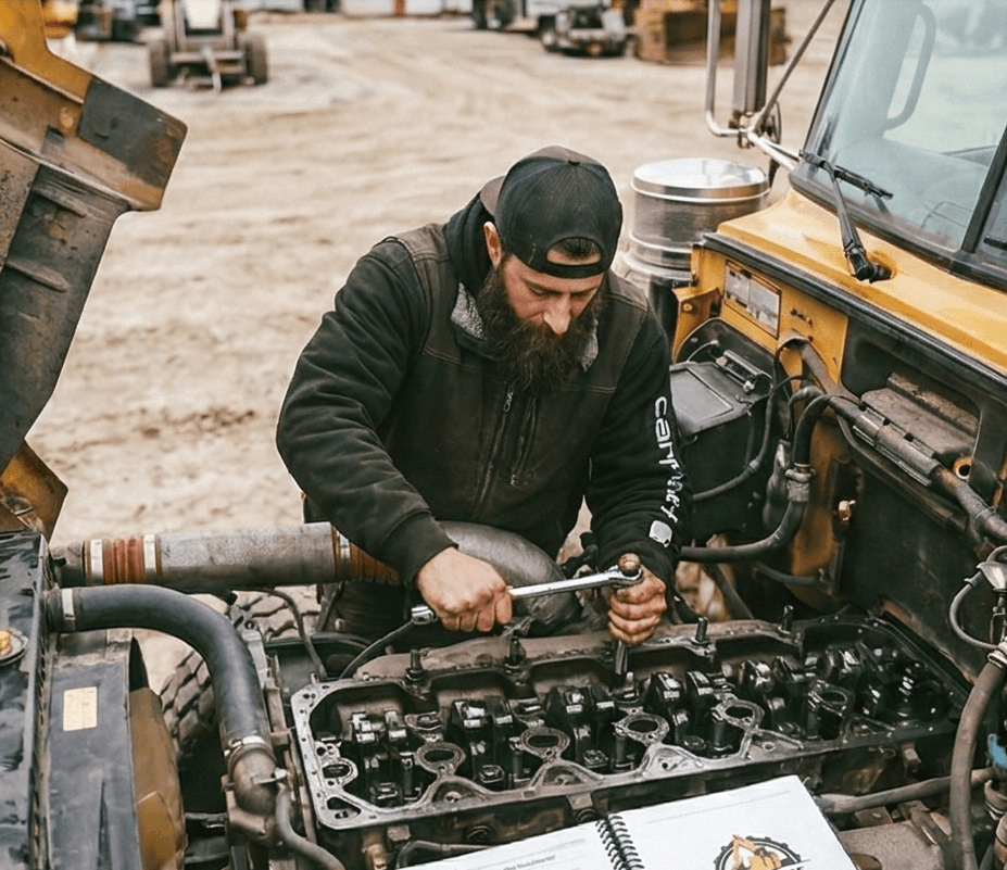 Heavy equipment field service mechanic working on a large machine