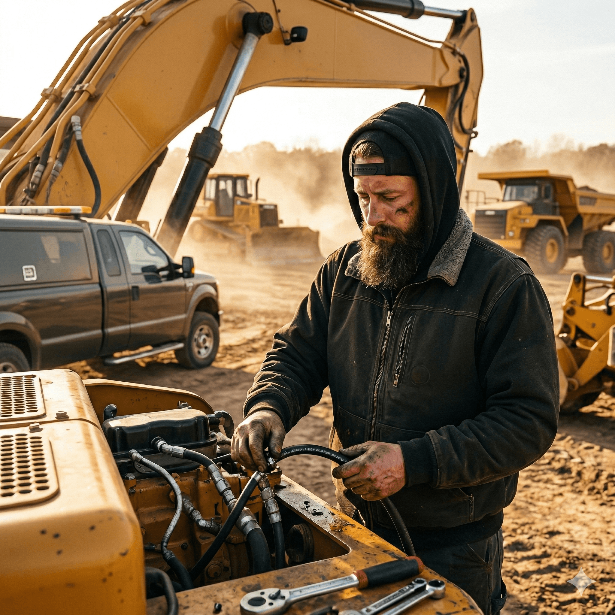 Mobile heavy equipment mechanic repairing excavator at jobsite in Salt Lake City